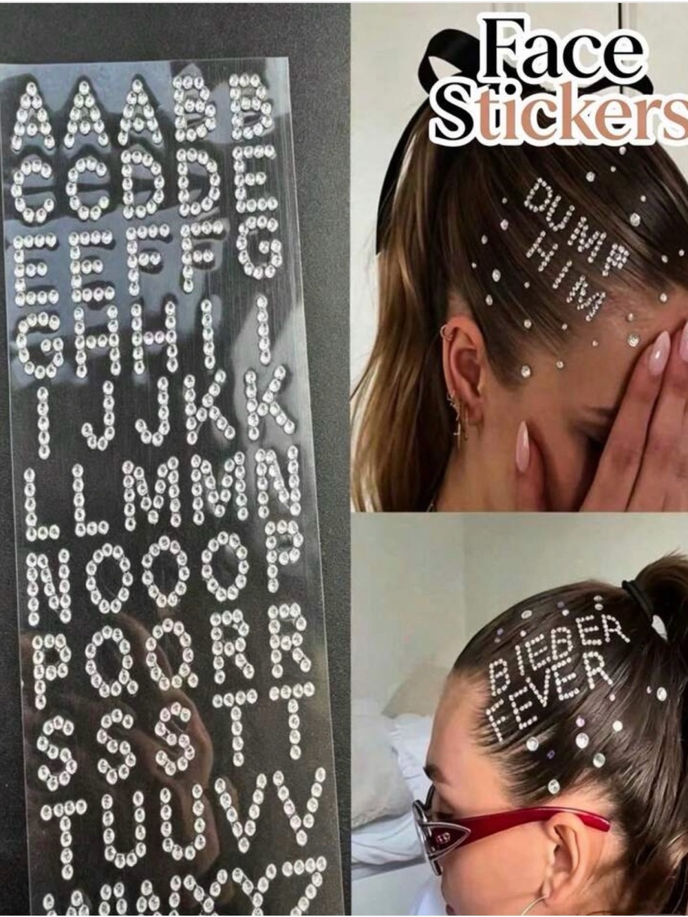 Rhinestone Letter Face Stickers - Silver Alphabet Hair Gems